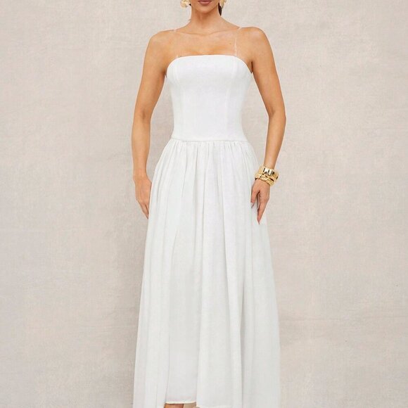 White Boho Women's Beach Vacation Long Dress With Bandeau Top - Picture 7 of 7